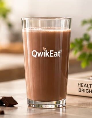 A glass of ready-to-drink chocolate QwikEat
